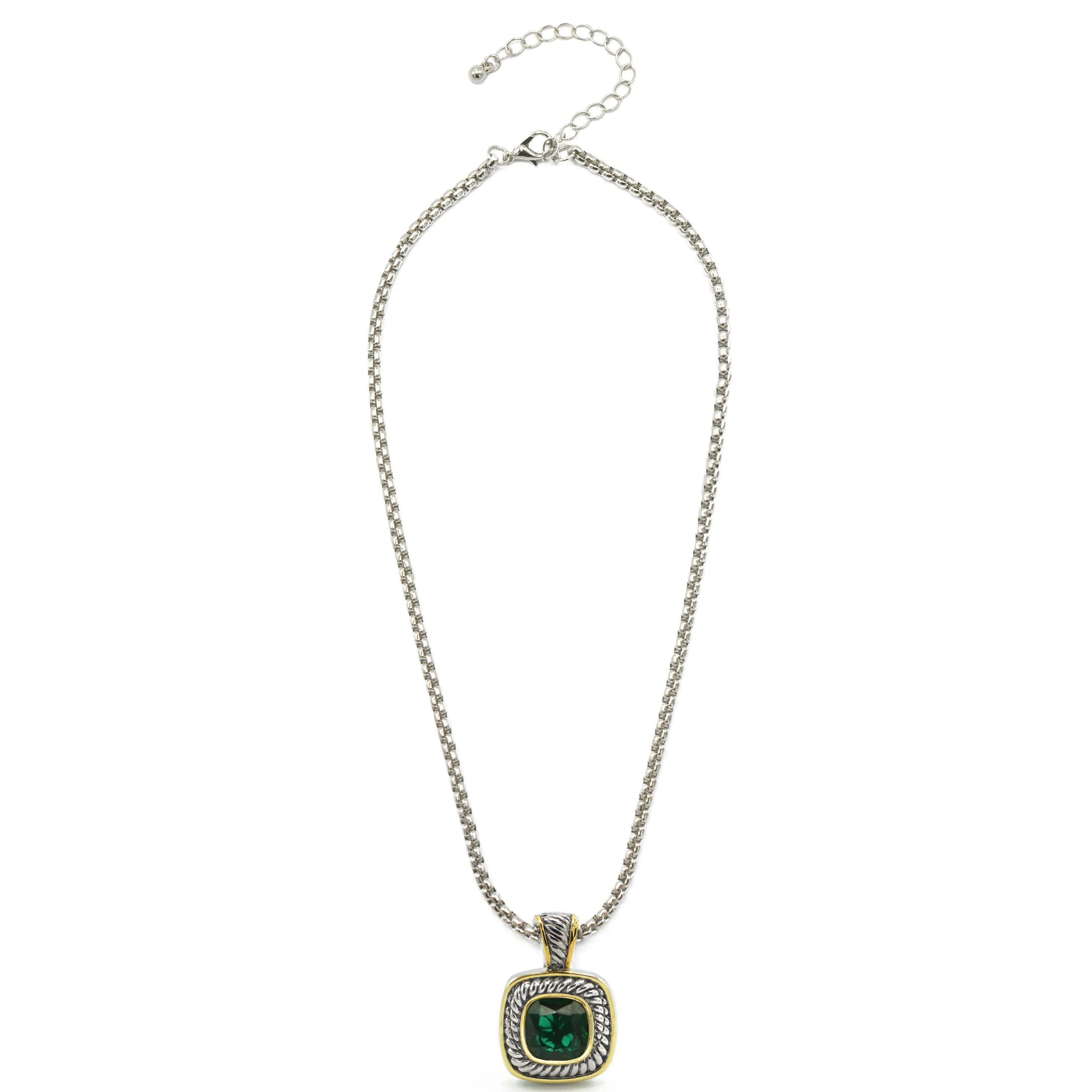 TWO-TONE EMERALD GREEN SQUARE PENDANT BOX CHAIN NECKLACE #73014EH-EGR(FF9)