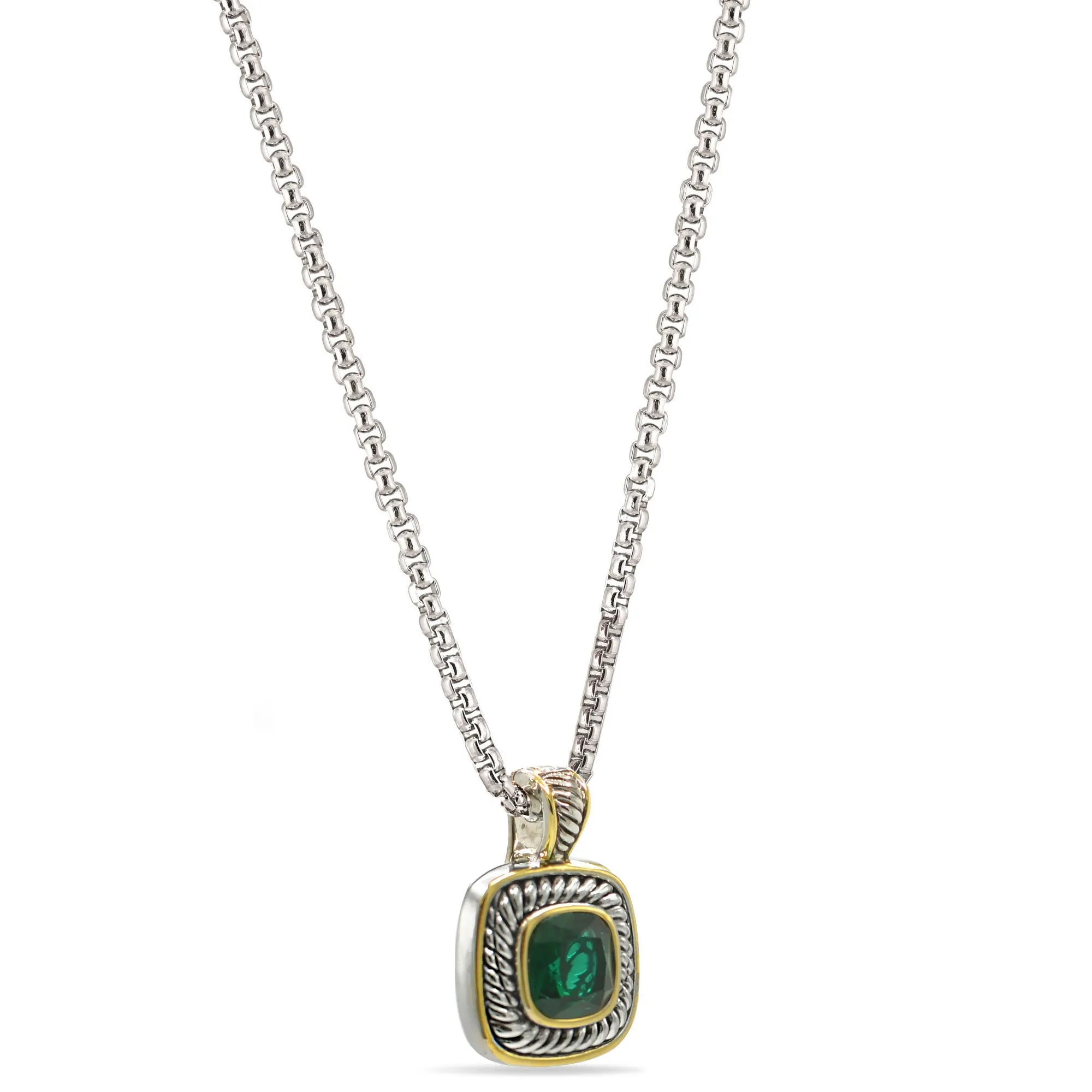 TWO-TONE EMERALD GREEN SQUARE PENDANT BOX CHAIN NECKLACE #73014EH-EGR(FF9)