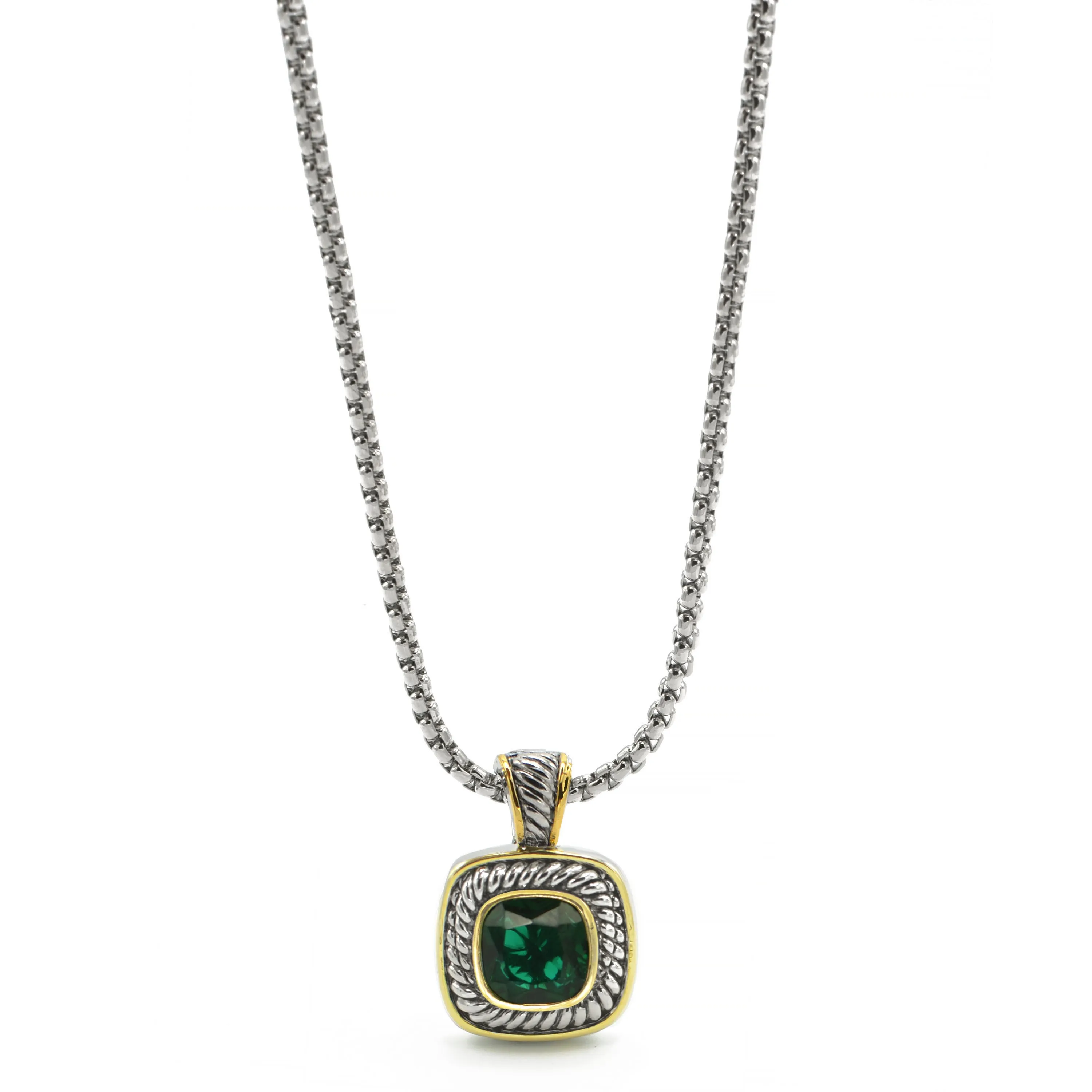 TWO-TONE EMERALD GREEN SQUARE PENDANT BOX CHAIN NECKLACE #73014EH-EGR(FF9)