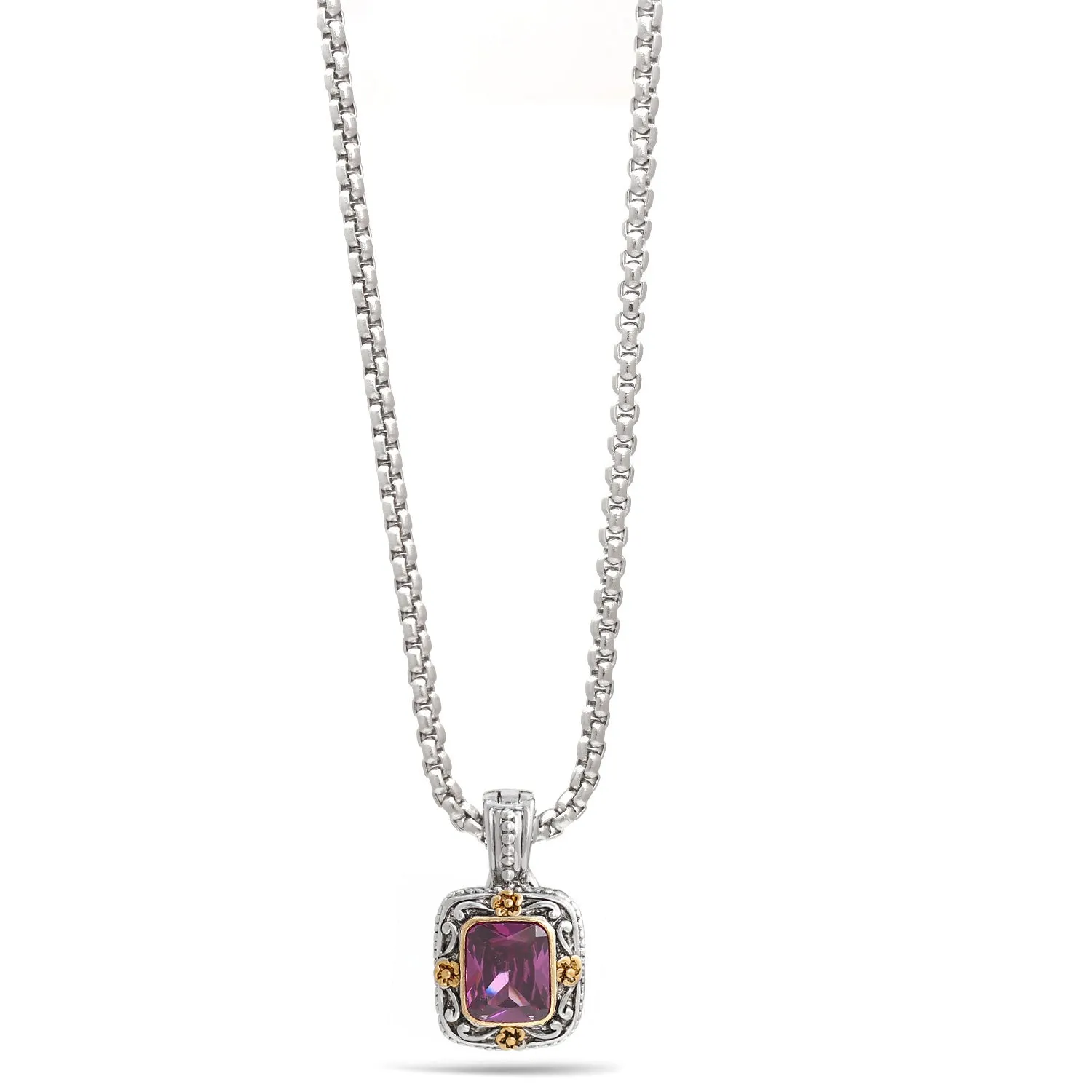 TWO TONE FILIGREE AMETHYST CRYSTAL PENDANT NECKLACE #11772EH-AM (FE17)