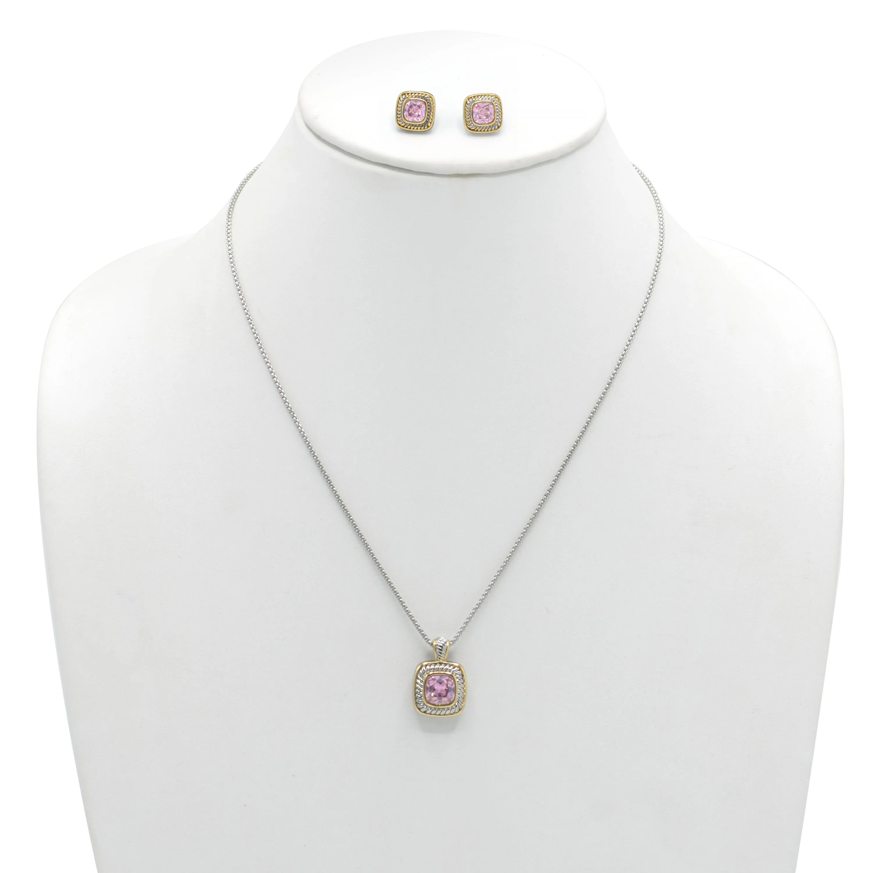 Two-Tone Rose Crystal  Square Pendant Necklace And Earrings Set#JJSET-1959RO(AF22)