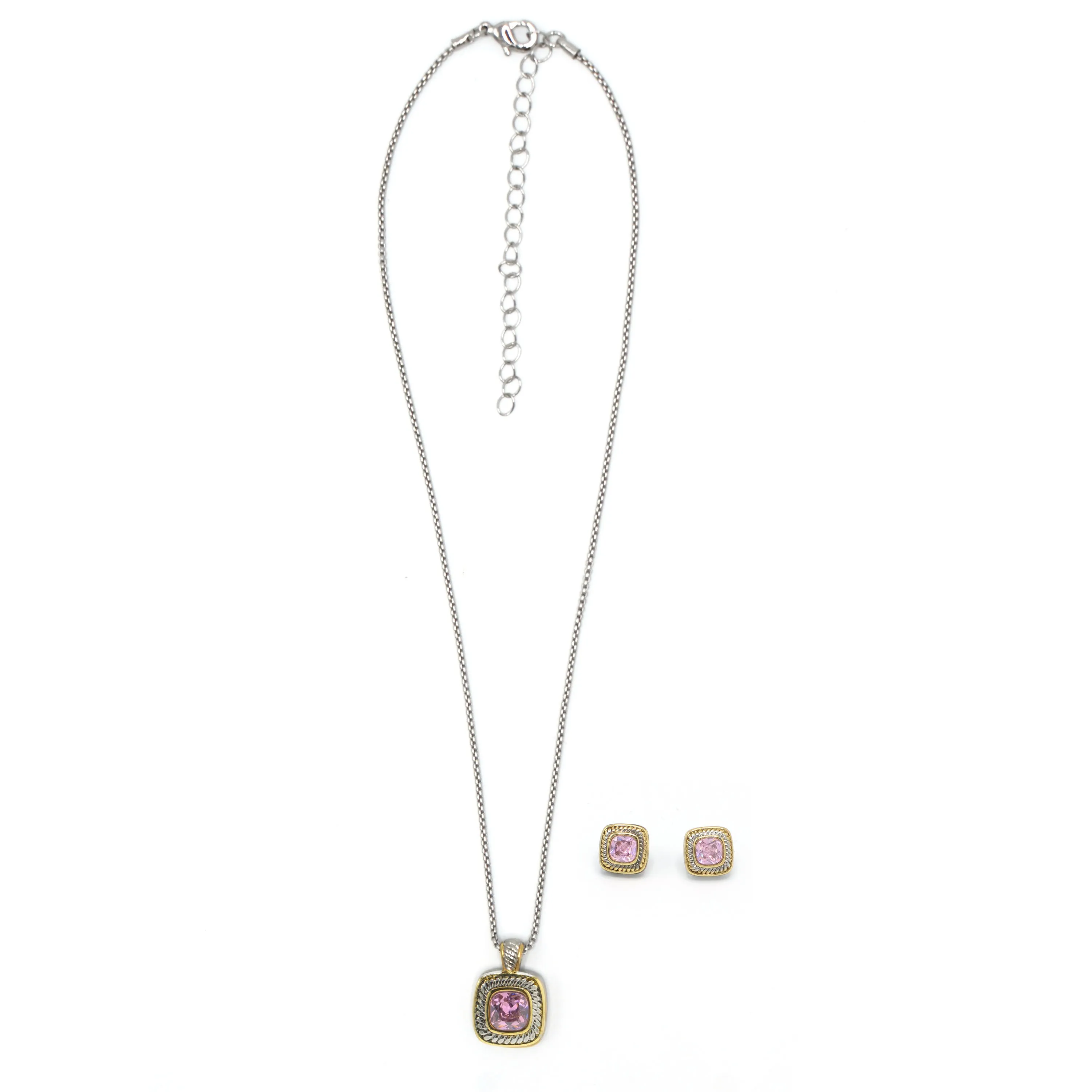 Two-Tone Rose Crystal  Square Pendant Necklace And Earrings Set#JJSET-1959RO(AF22)