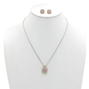 Two-Tone Rose Crystal  Square Pendant Necklace And Earrings Set#JJSET-1959RO(AF22)