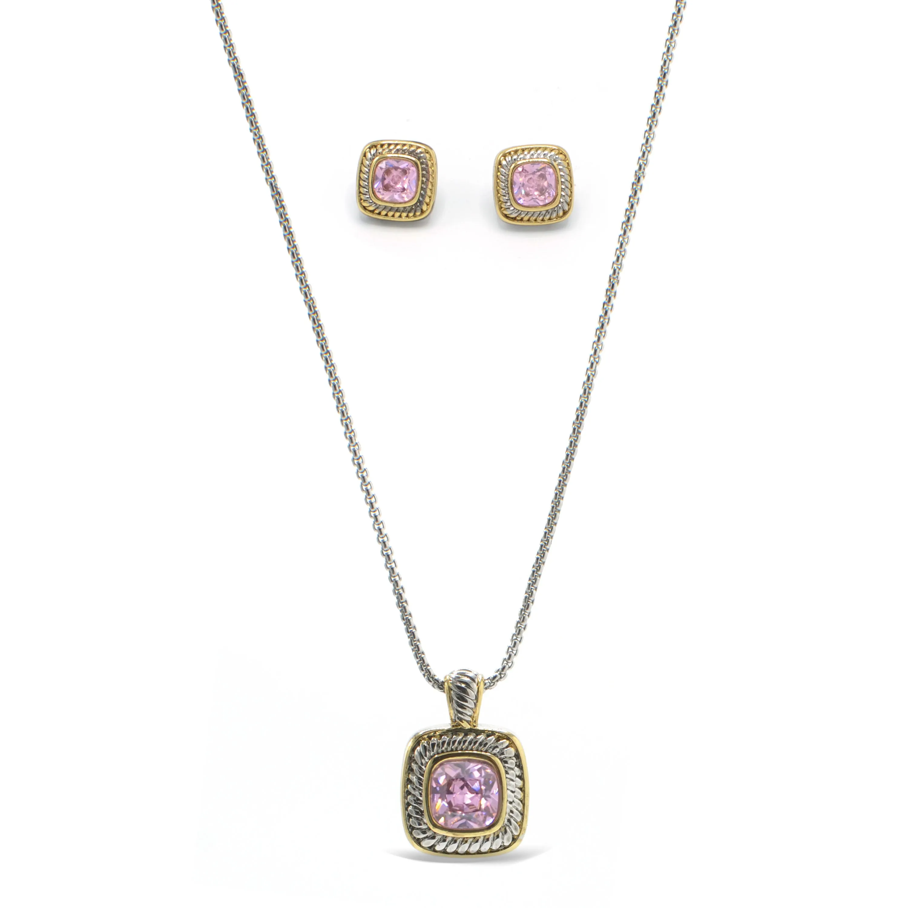 Two-Tone Rose Crystal  Square Pendant Necklace And Earrings Set#JJSET-1959RO(AF22)