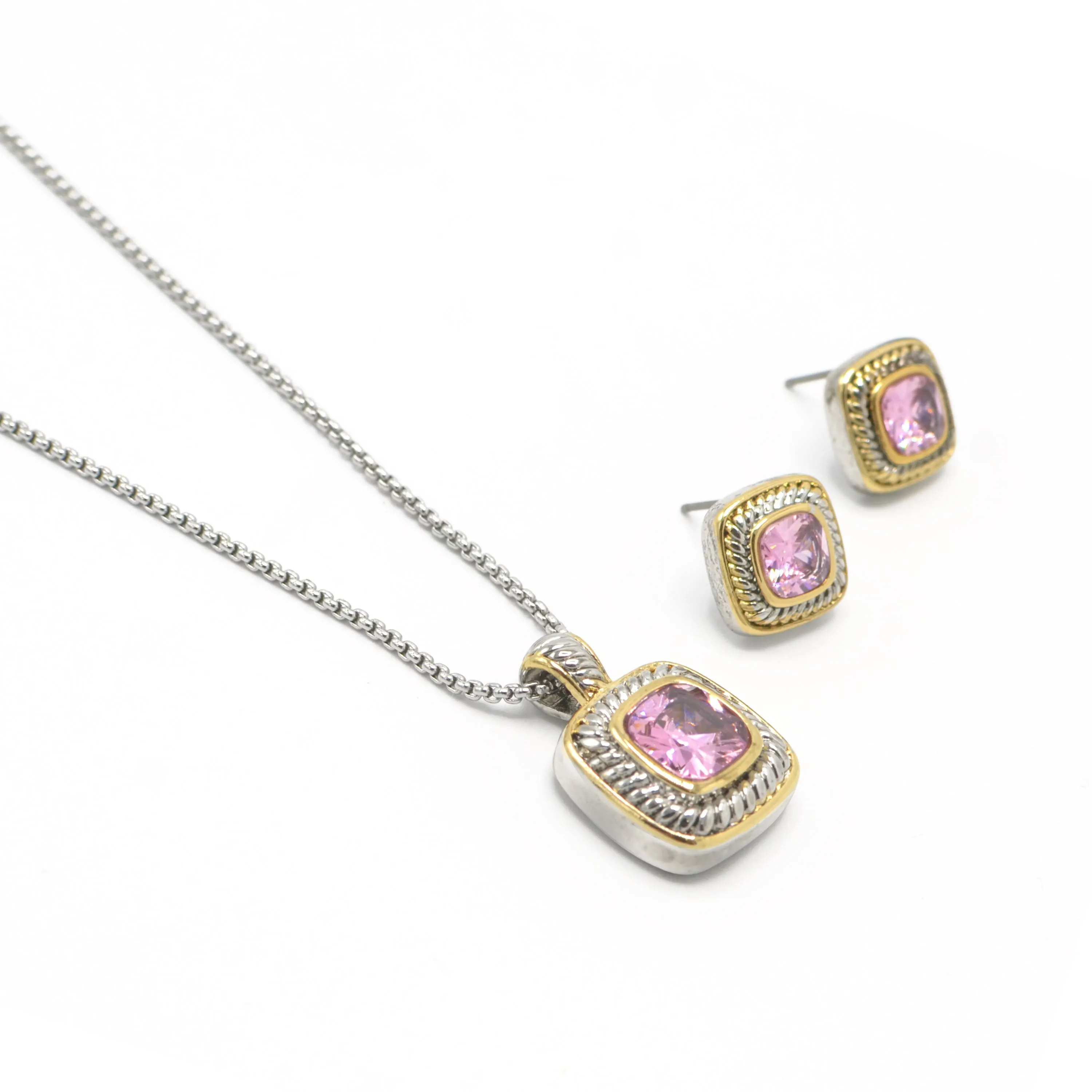 Two-Tone Rose Crystal  Square Pendant Necklace And Earrings Set#JJSET-1959RO(AF22)