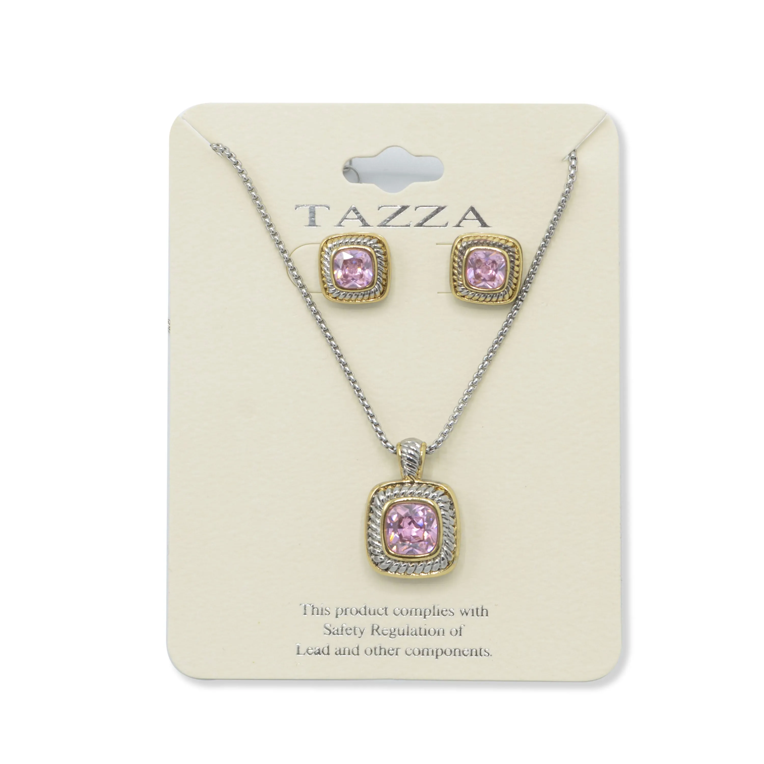 Two-Tone Rose Crystal  Square Pendant Necklace And Earrings Set#JJSET-1959RO(AF22)