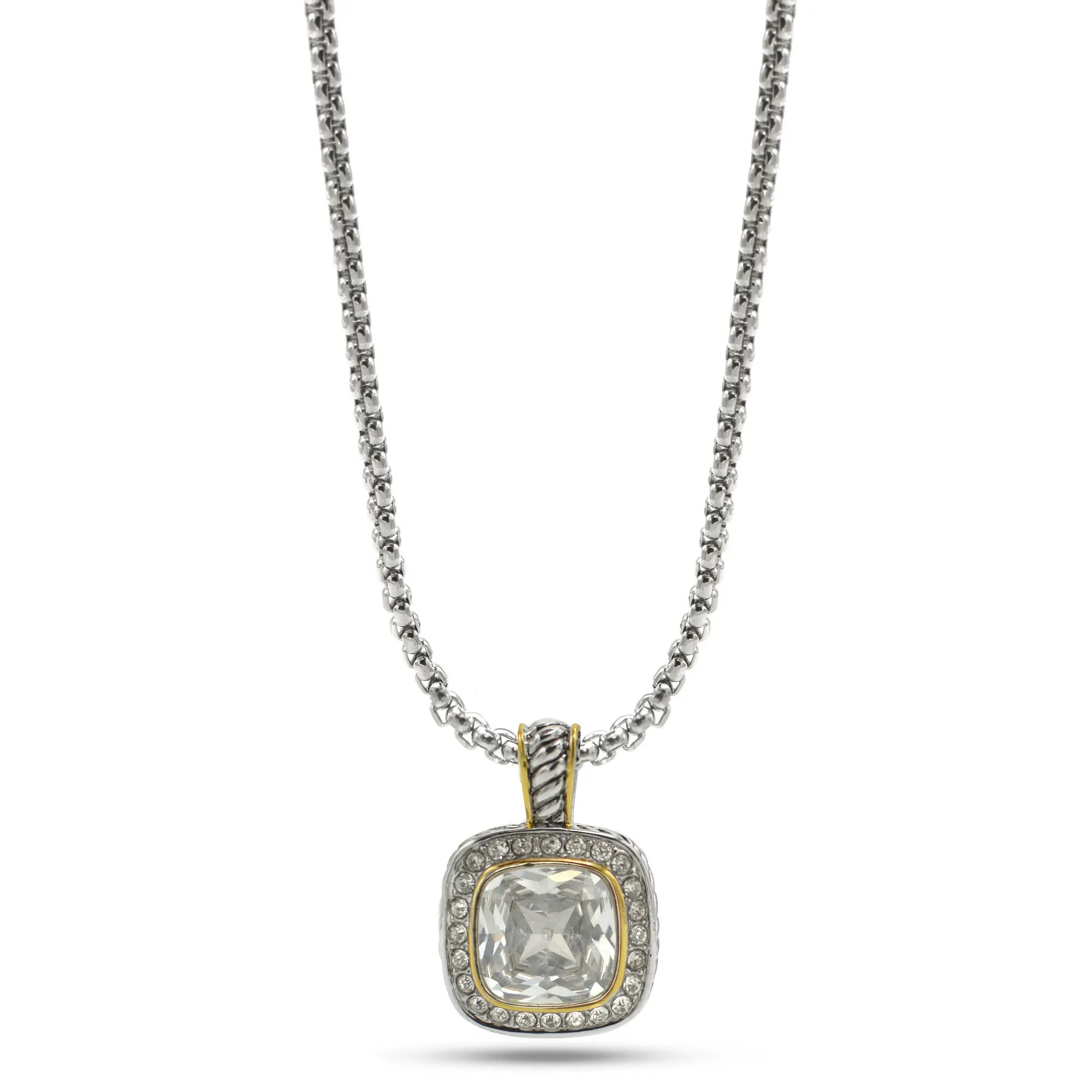 TWO TONE SQUARE CLEAR CRYSTAL AND RHINESTONES ENGRAVED PENDANT BOX CHAIN NECKLACE #93099EH-CLEAR FF12