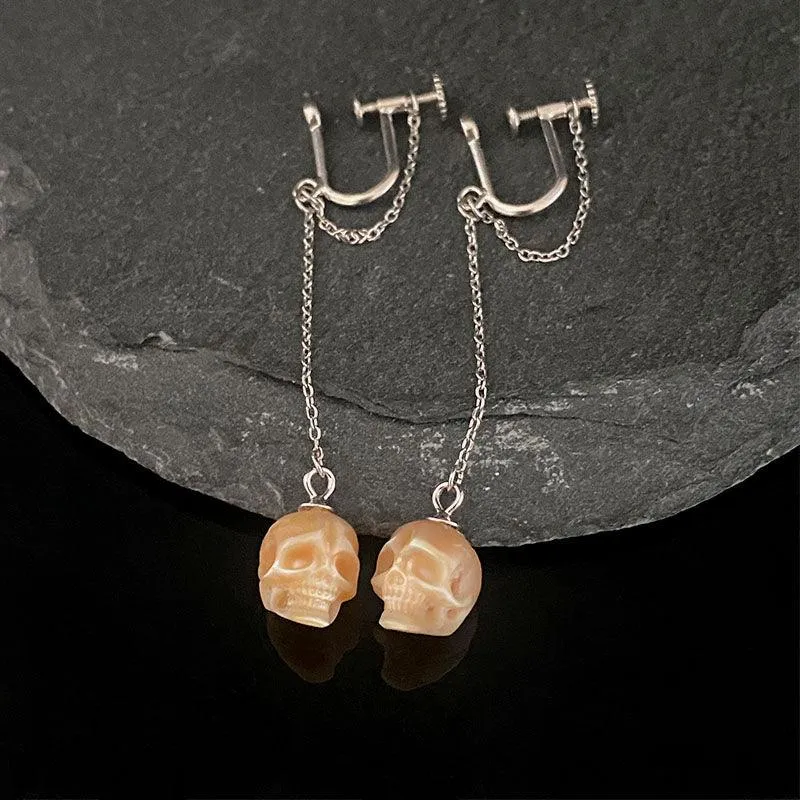 U-shaped Pearl Skull Tassel Ear Cuffs