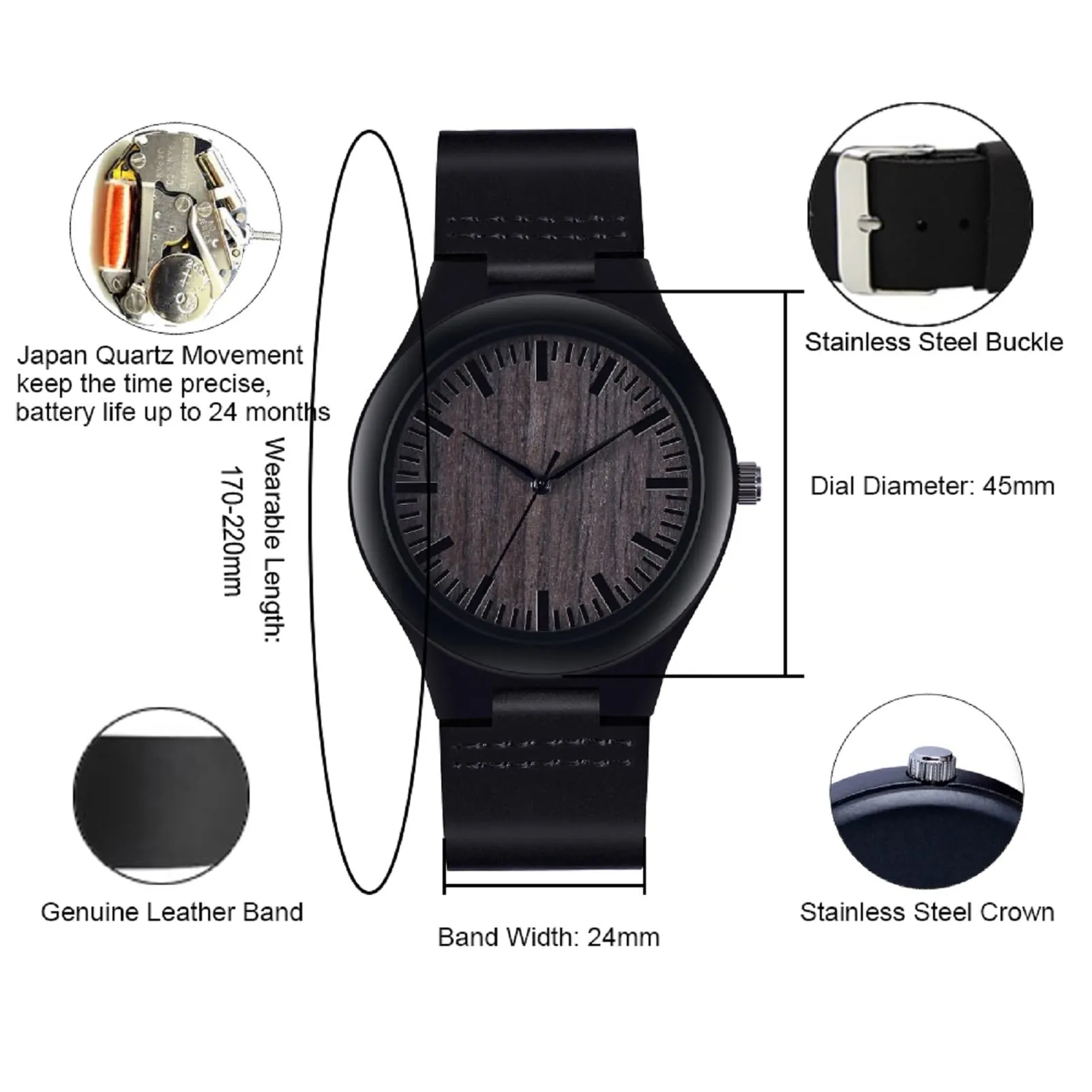UMIPHIMAT to My Son Engraved Watch Black Leather Strap Handmade Ebony Wooden Natural Custom Wood Watch for Son Birthday Graduation Gifts