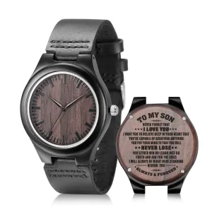 UMIPHIMAT to My Son Engraved Watch Black Leather Strap Handmade Ebony Wooden Natural Custom Wood Watch for Son Birthday Graduation Gifts