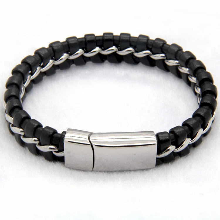 Unique Designer 316L Stainless Steel Bracelets & Bangles Mens Gift Black Leather Knitted Magnetic Clasp Bracelet Men Jewelry