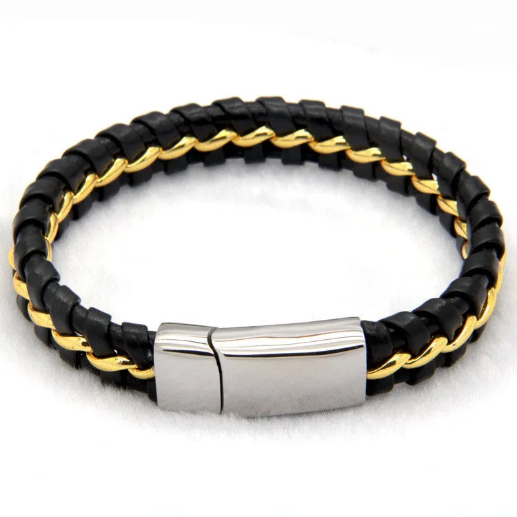 Unique Designer 316L Stainless Steel Bracelets & Bangles Mens Gift Black Leather Knitted Magnetic Clasp Bracelet Men Jewelry