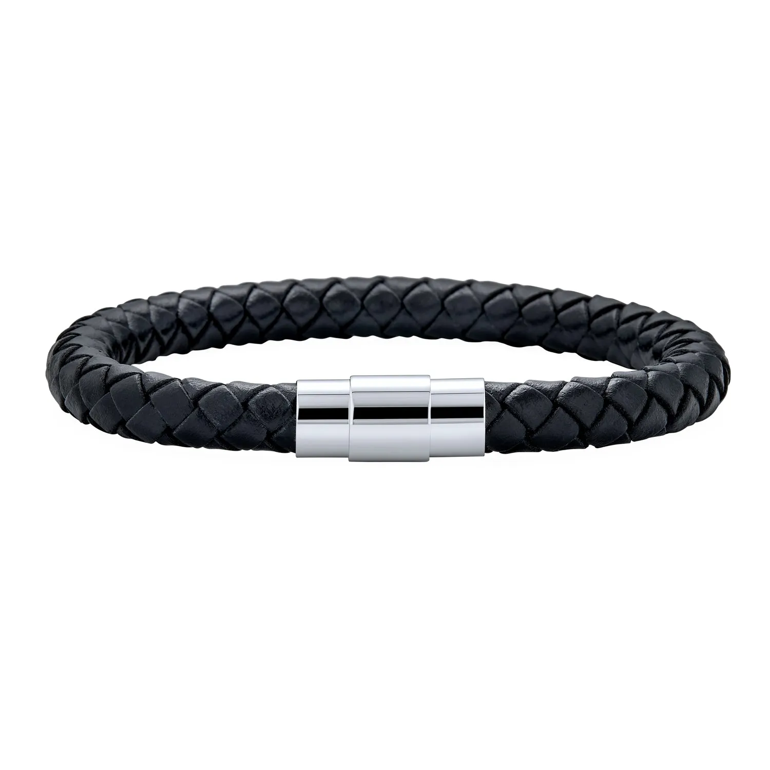 Unisex Black Woven Leather Cuff Bracelet with Stainless Barrel Clasp for Men