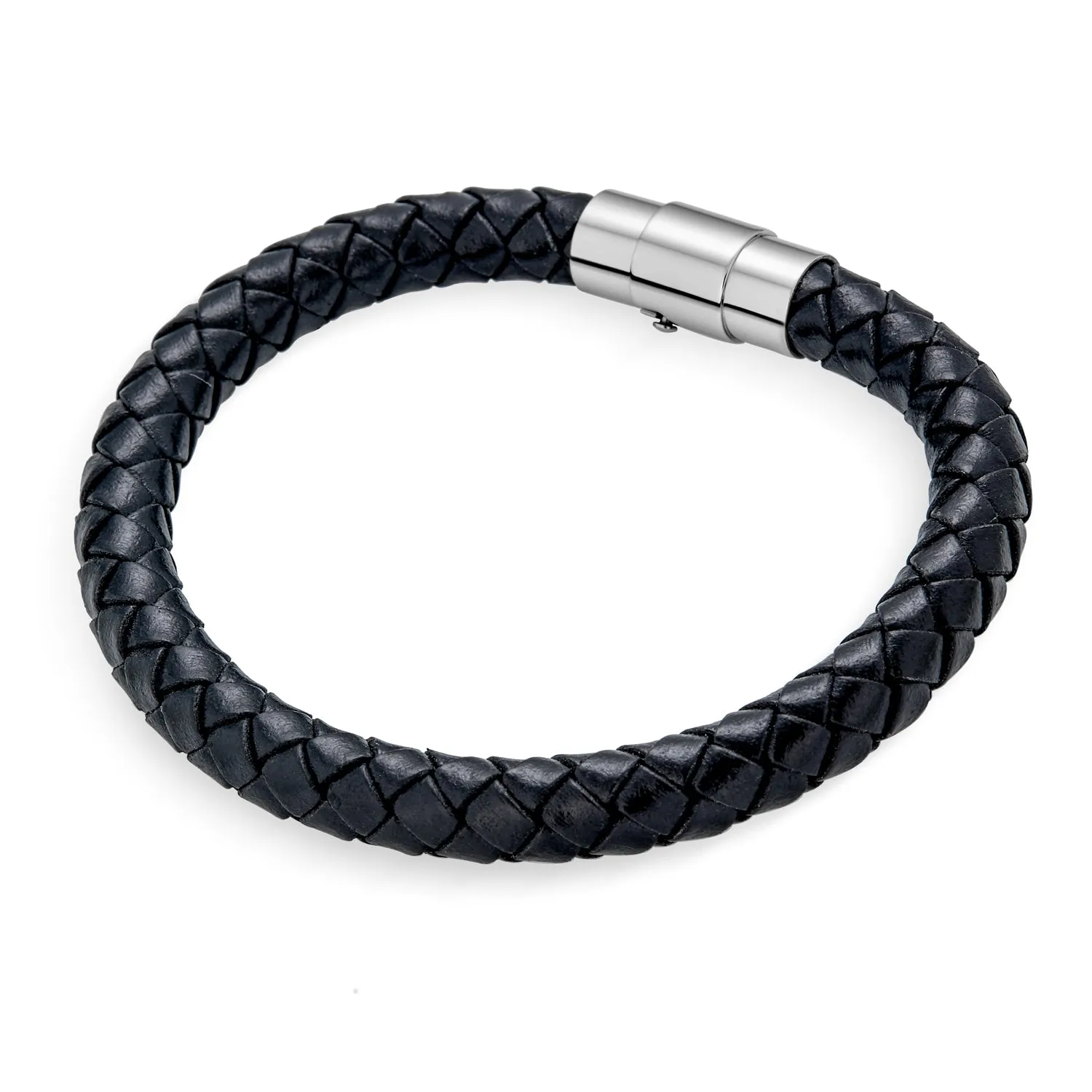 Unisex Black Woven Leather Cuff Bracelet with Stainless Barrel Clasp for Men