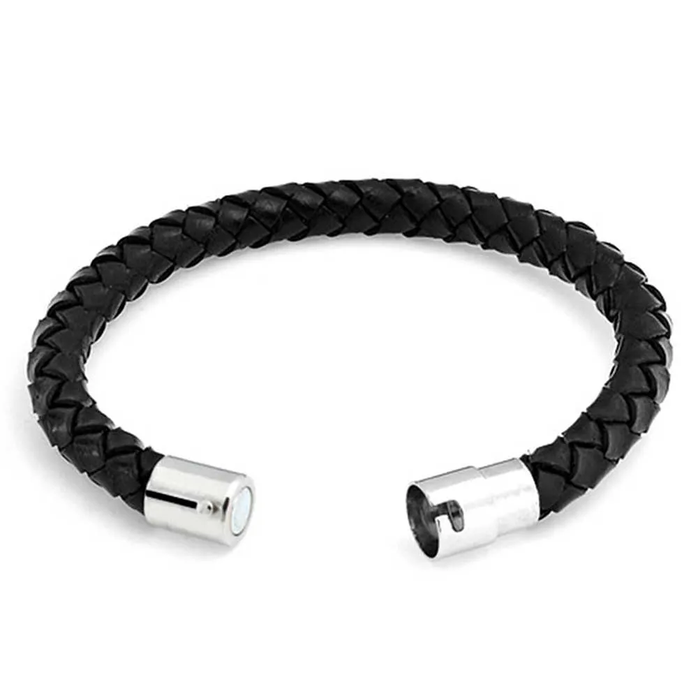 Unisex Black Woven Leather Cuff Bracelet with Stainless Barrel Clasp for Men