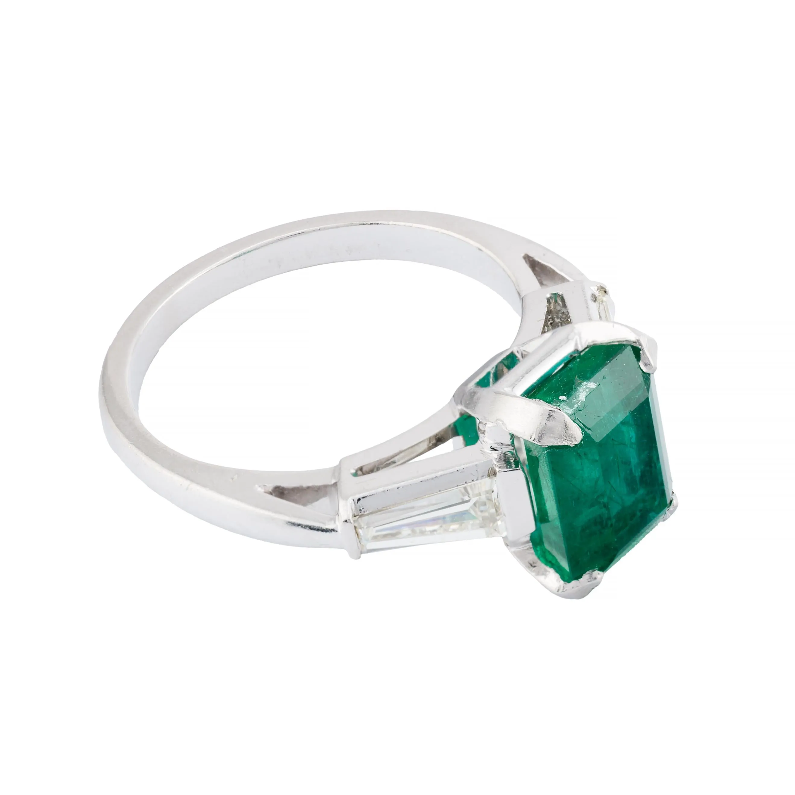 Verdant 2.92ct Emerald & Baguette Cut Diamond Three Stone Ring in Platinum