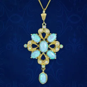 Victorian Style Opal Pendant Necklace Silver 18ct Gold Gilt