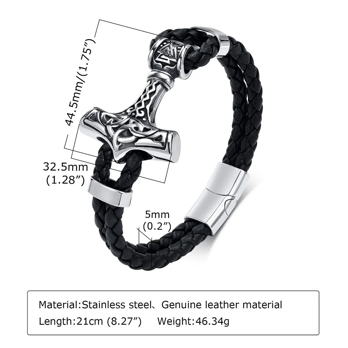 Viking - Chunky Thor's Hammer Bracelets for Men, Heavy Punk Rock Norse Viking Knot Bangle, Black Genuine Leather Wristband