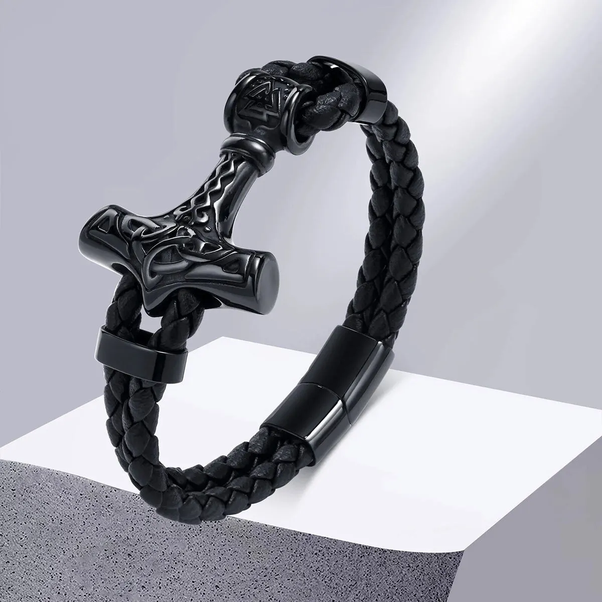 Viking - Chunky Thor's Hammer Bracelets for Men, Heavy Punk Rock Norse Viking Knot Bangle, Black Genuine Leather Wristband