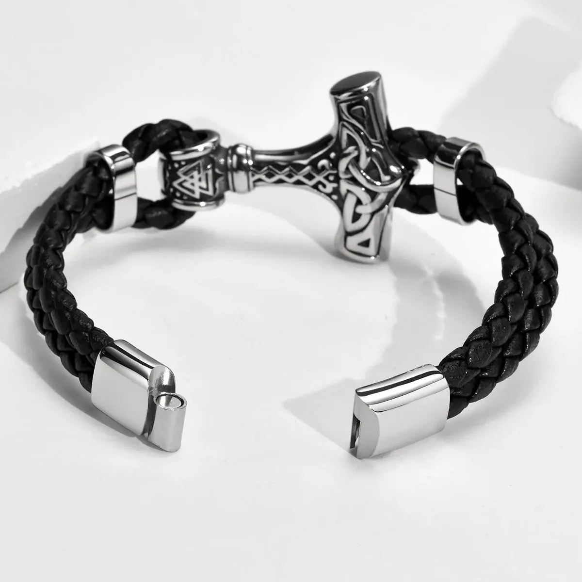 Viking - Chunky Thor's Hammer Bracelets for Men, Heavy Punk Rock Norse Viking Knot Bangle, Black Genuine Leather Wristband