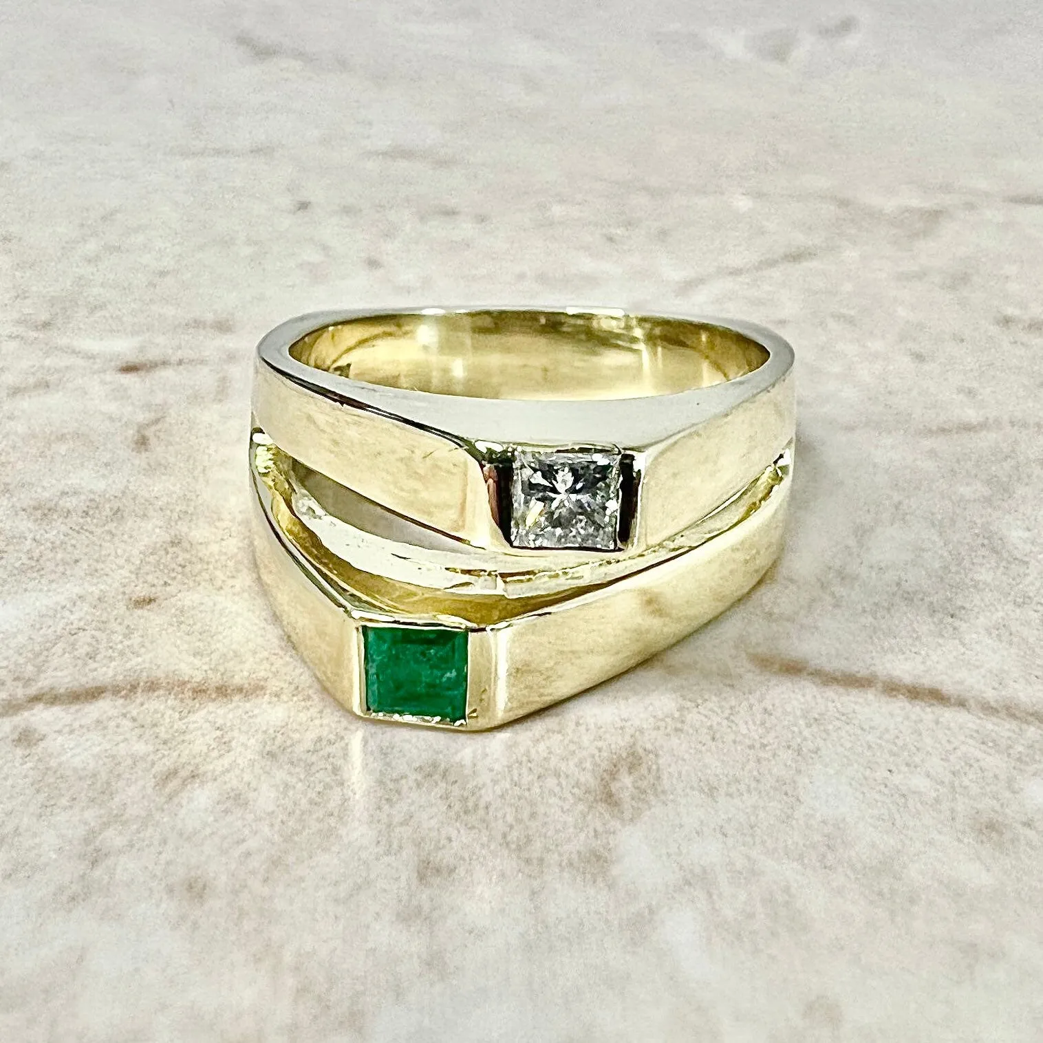 Vintage 18 Karat Yellow Gold Natural Emerald & Diamond Toi Et Moi Ring