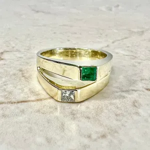 Vintage 18 Karat Yellow Gold Natural Emerald & Diamond Toi Et Moi Ring