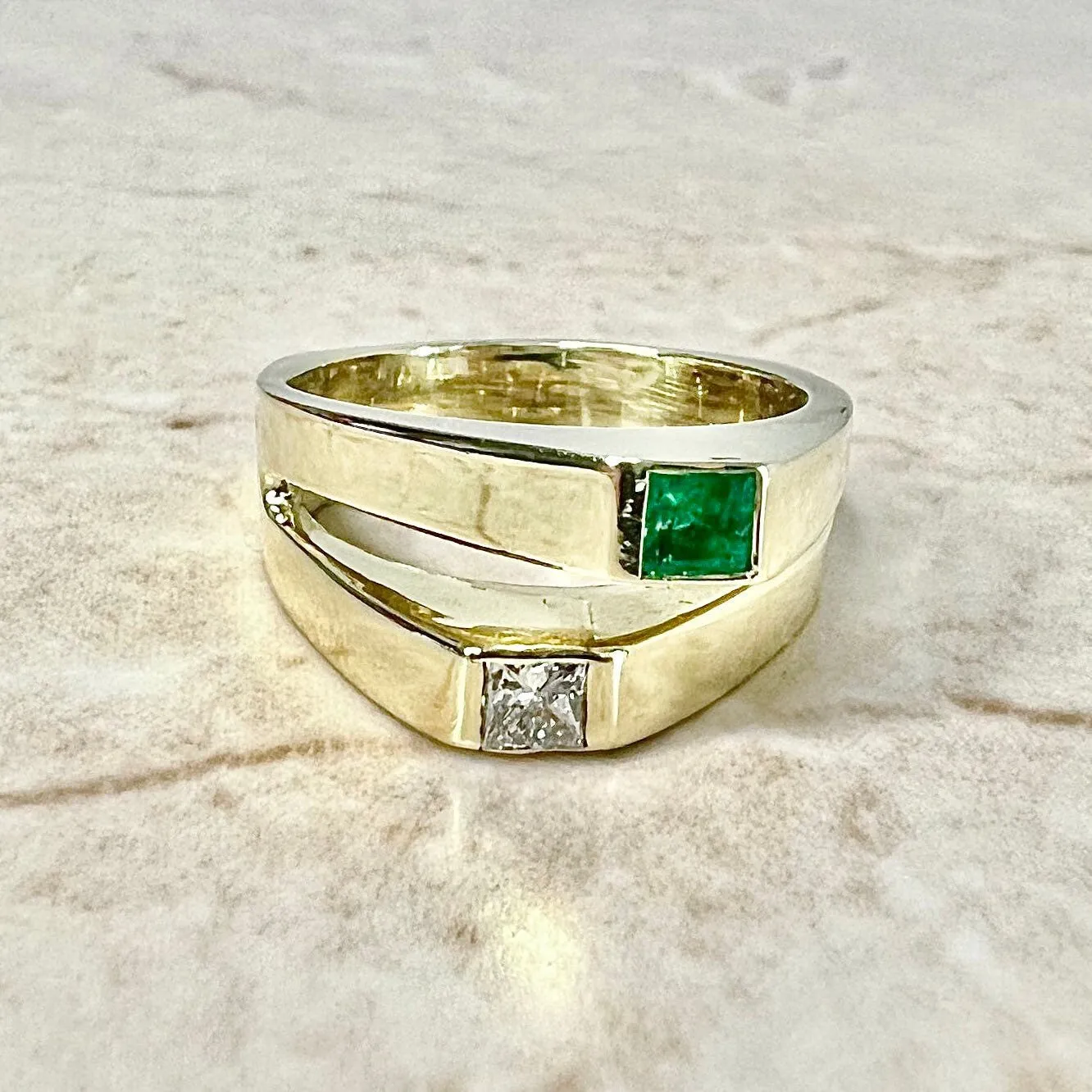Vintage 18 Karat Yellow Gold Natural Emerald & Diamond Toi Et Moi Ring