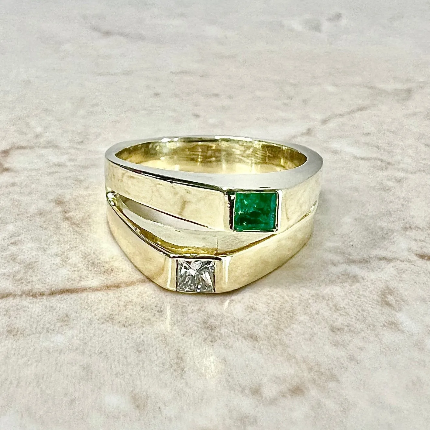 Vintage 18 Karat Yellow Gold Natural Emerald & Diamond Toi Et Moi Ring