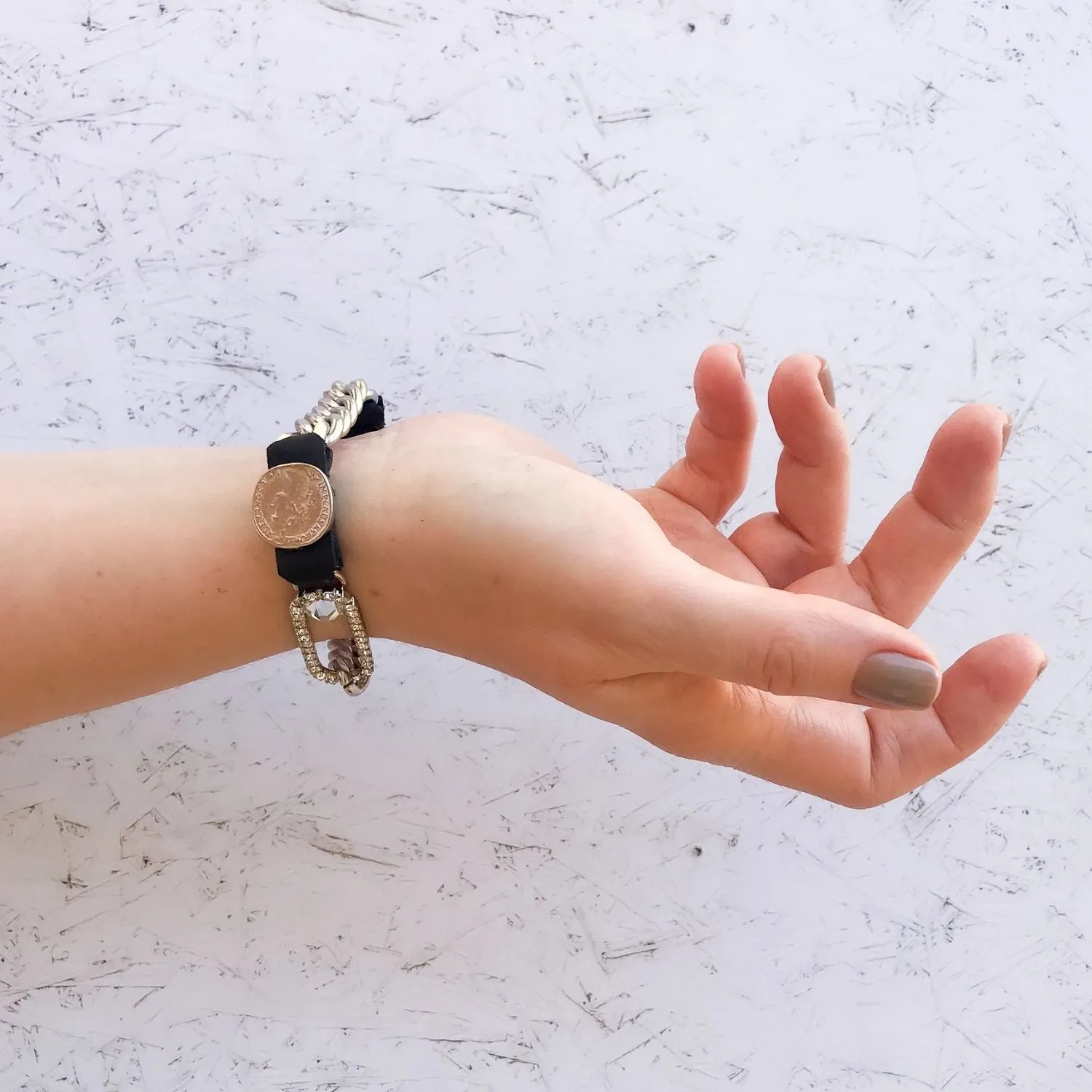 Vivian - Modern leather, metal and crystal bracelet