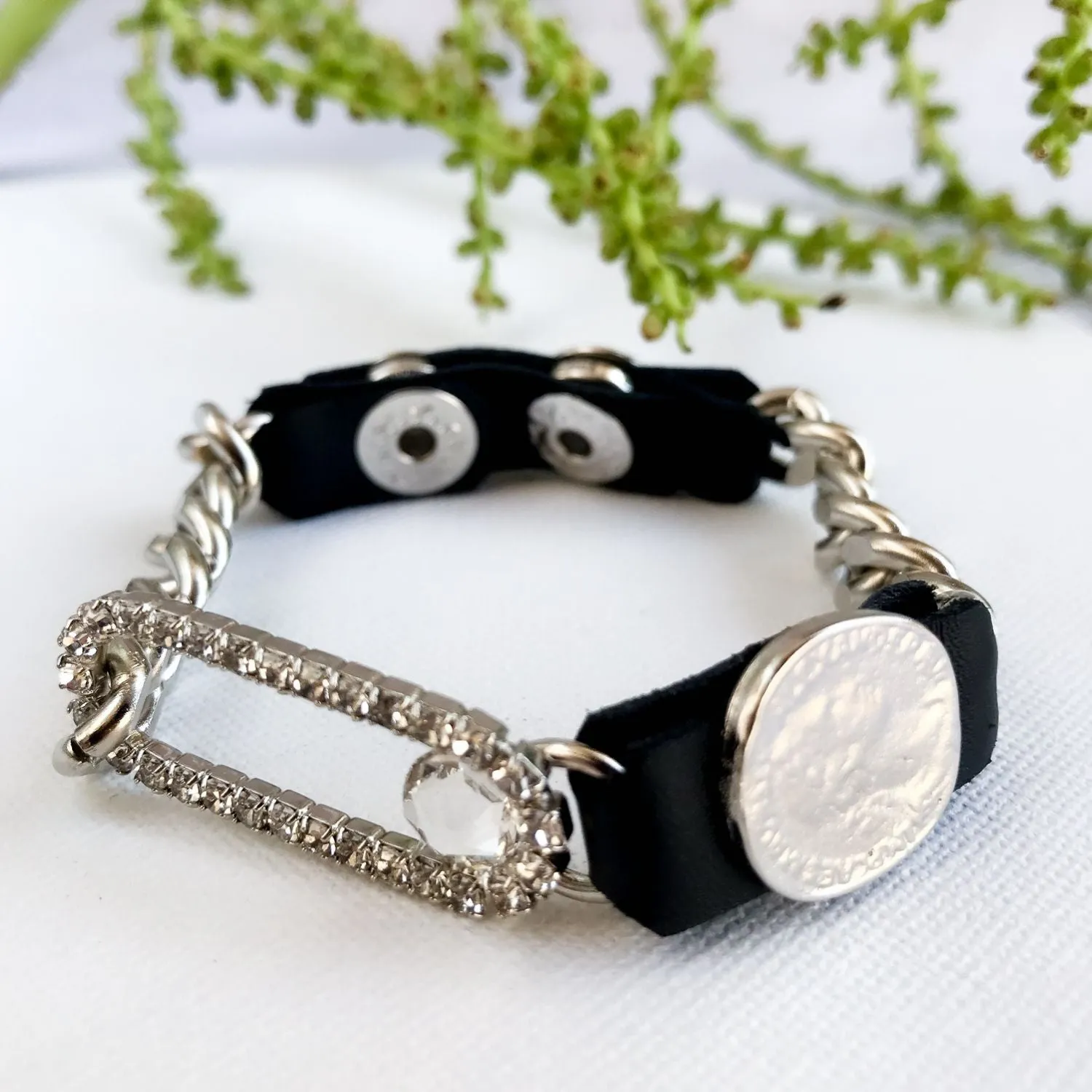 Vivian - Modern leather, metal and crystal bracelet