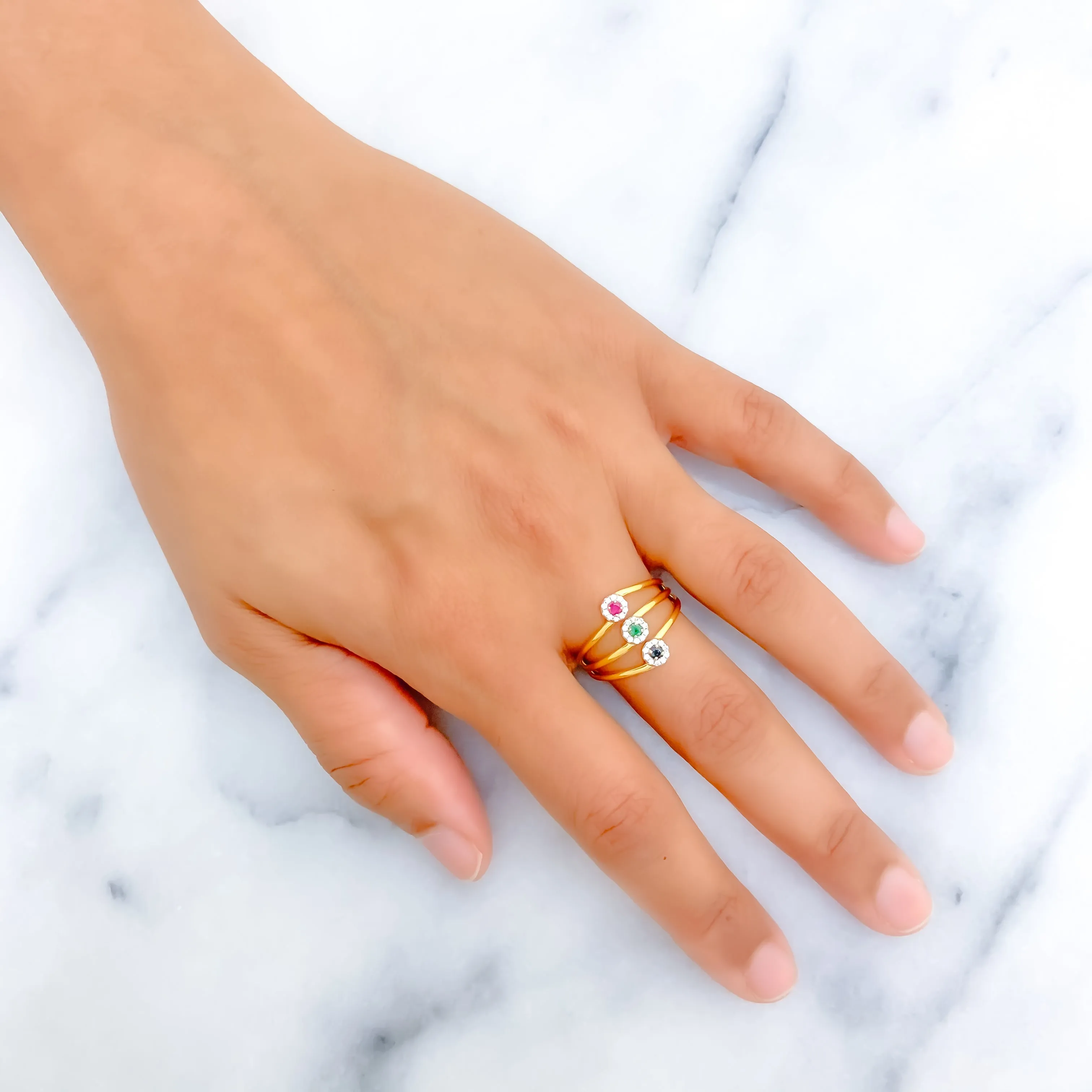 Vivid Blooming 18K Gold   Floral Trio Diamond Ring