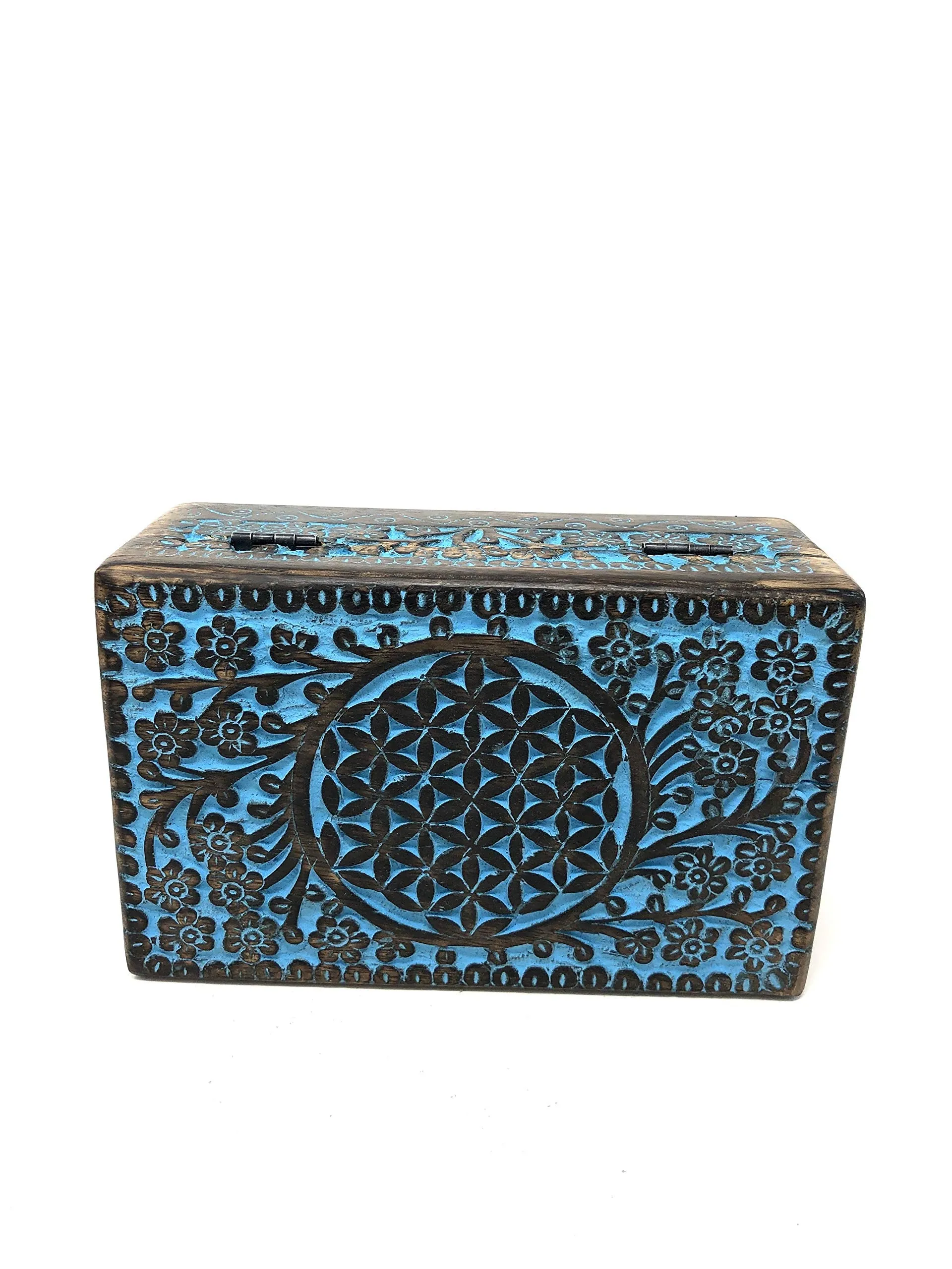 Vrinda® Hand-Carved Wooden Box - Decorative Treasure Chest Box – Flower of Life Pattern - Exquisite Storage Solution – Ideal for Jewellery, Watches, Others - Brown, 8X5 Inch