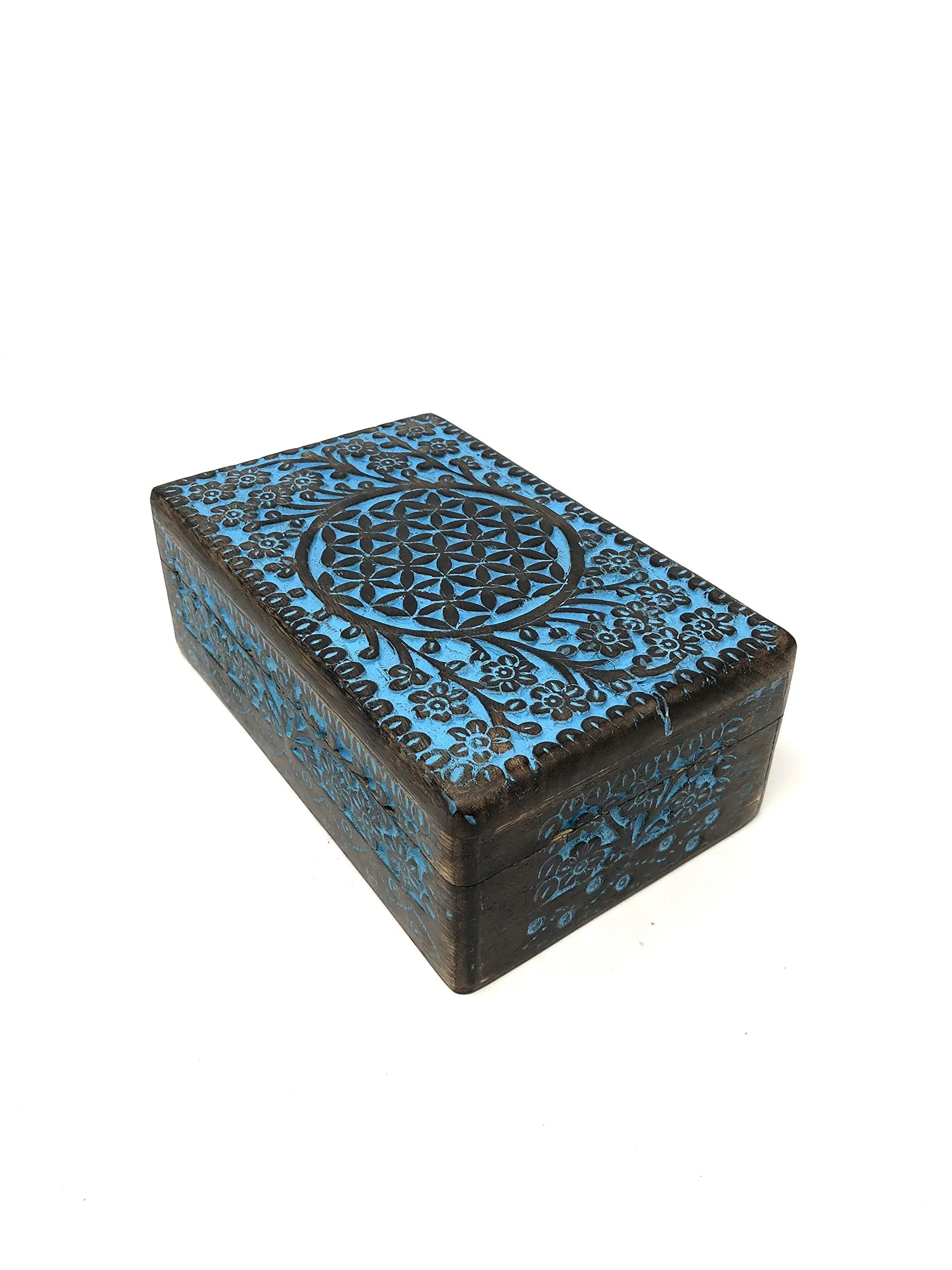 Vrinda® Hand-Carved Wooden Box - Decorative Treasure Chest Box – Flower of Life Pattern - Exquisite Storage Solution – Ideal for Jewellery, Watches, Others - Brown, 8X5 Inch