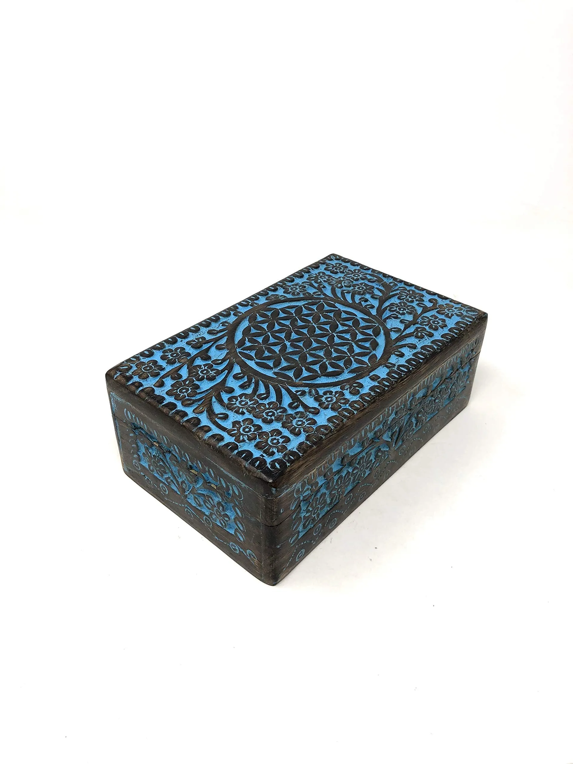 Vrinda® Hand-Carved Wooden Box - Decorative Treasure Chest Box – Flower of Life Pattern - Exquisite Storage Solution – Ideal for Jewellery, Watches, Others - Brown, 8X5 Inch