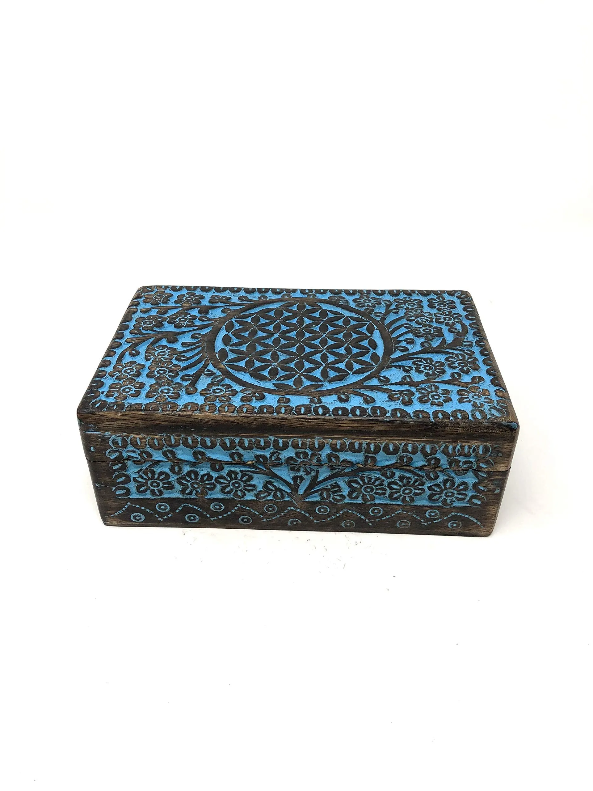 Vrinda® Hand-Carved Wooden Box - Decorative Treasure Chest Box – Flower of Life Pattern - Exquisite Storage Solution – Ideal for Jewellery, Watches, Others - Brown, 8X5 Inch