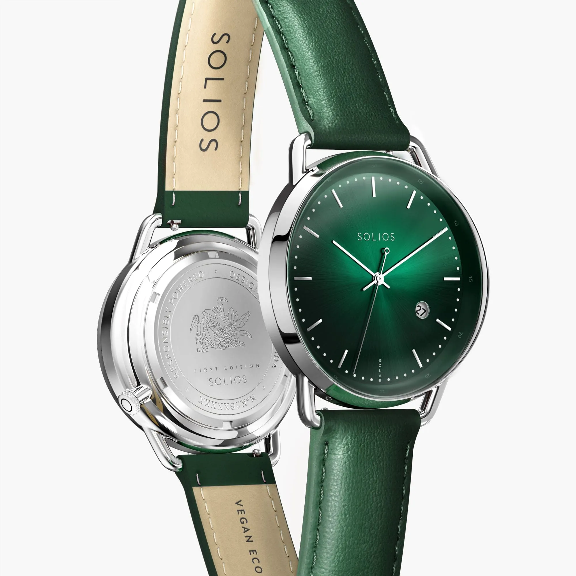 Watch Set - Solar Curve & Mini | Green Dial - Silver & Rose Gold Cases | Green Vegan Leather