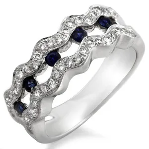 Wavy Design Blue Sapphire & Diamond Ring, 18k White Gold