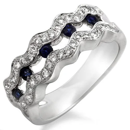 Wavy Design Blue Sapphire & Diamond Ring, 18k White Gold