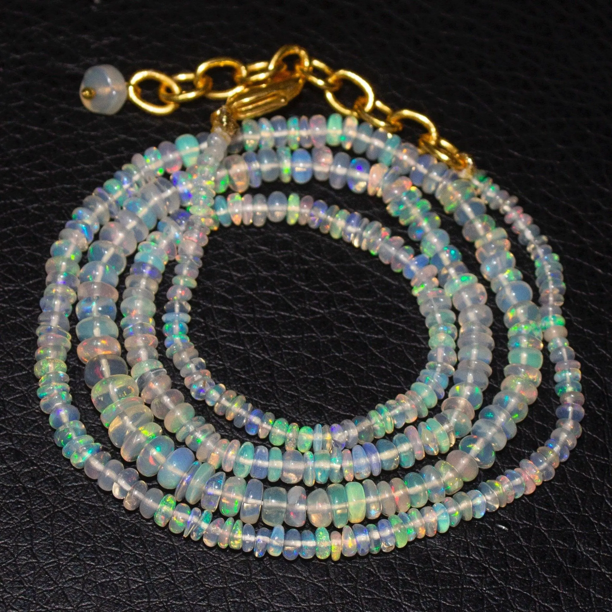 Welo Ethiopian Opal Gemstone Rondelle Gold Plated Beads Necklace 20"