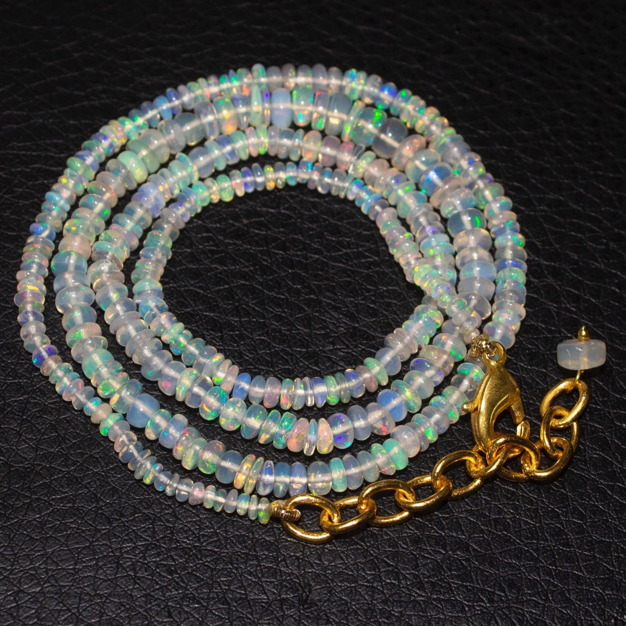 Welo Ethiopian Opal Gemstone Rondelle Gold Plated Beads Necklace 20"