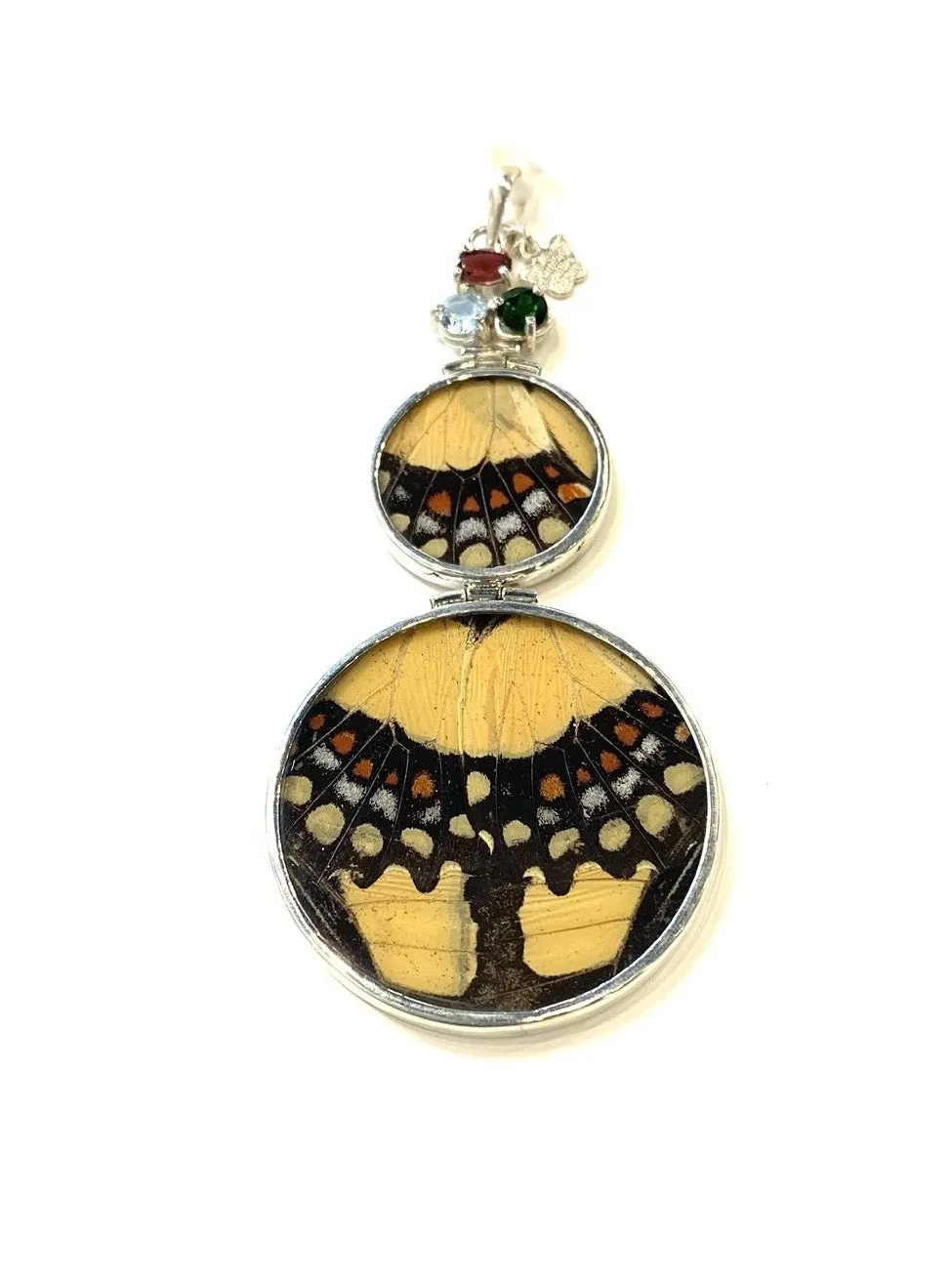 Yolanda Ormachea Butterfly Wing Pendant with 3 Round Stones. Lima, Peru.